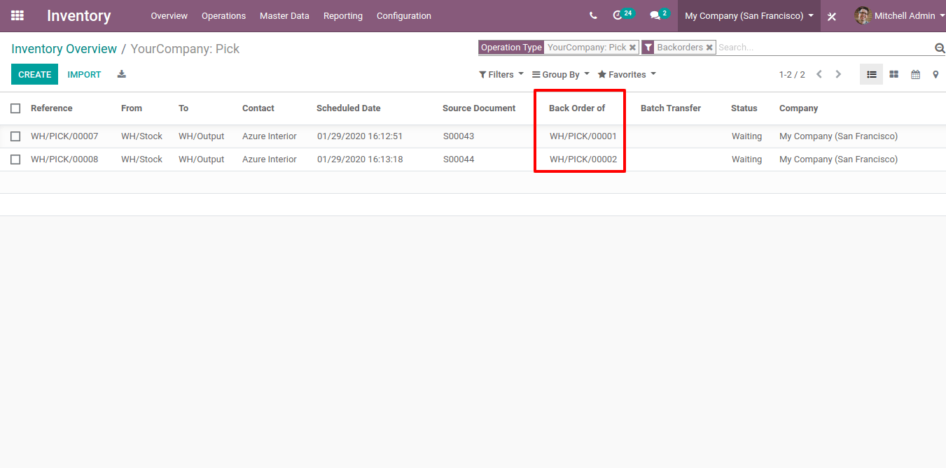 View of how backorders are handled in Odoo's batch transfers