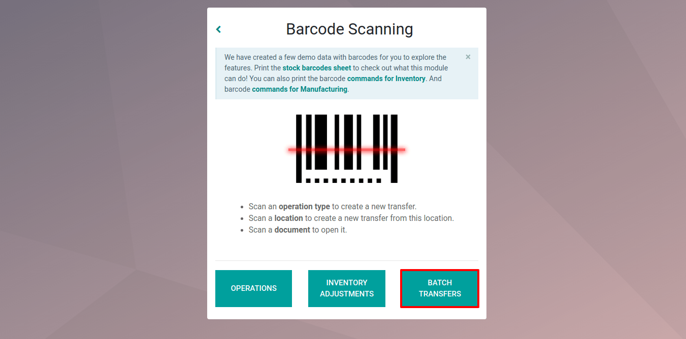 View of the Odoo Barcode app dashboard