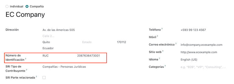 Populate company data for Ecuador in Odoo Contacts.