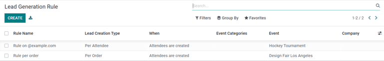How the Lead Generation Rule page looks in Odoo Events.