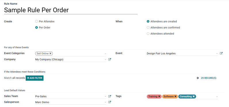 How the Lead Generation Rule template looks in Odoo Events.