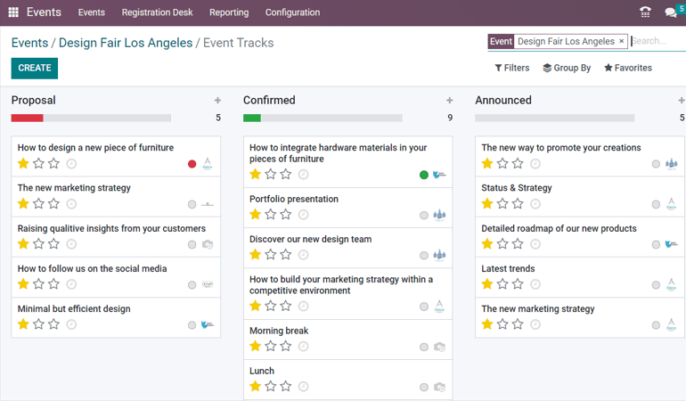 View of the talks' proposals page emphasizing the column proposal in Odoo Events.