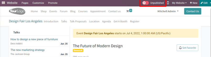 View of the website page to publish a proposed talk for Odoo Events.