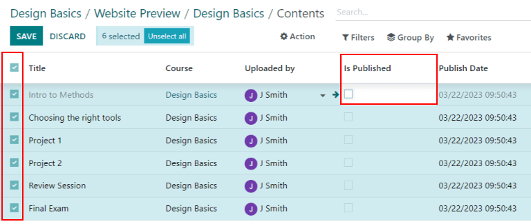 View of a course contents being published in Odoo Helpdesk back-end.