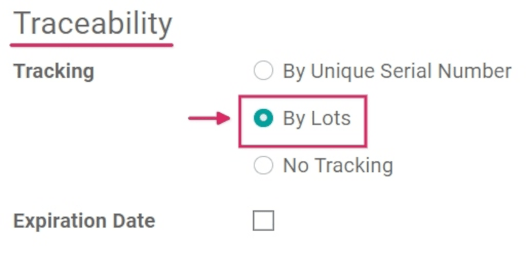 Enabled tracking by lots feature on product form.
