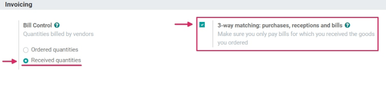 Activated three-way matching feature in purchase settings.