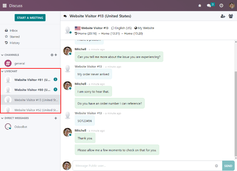 View of the discuss application with a message sent through live chat in Odoo.