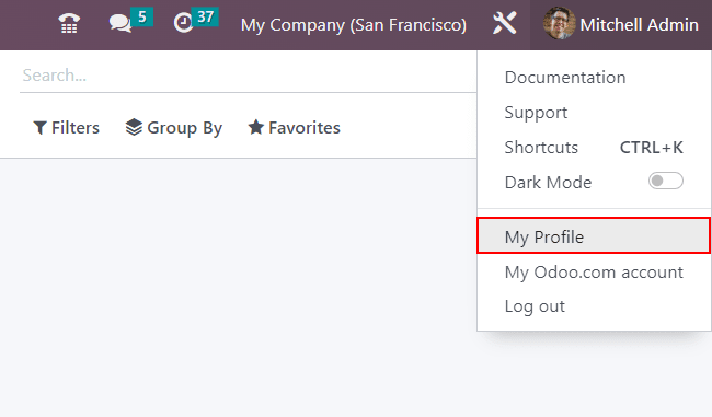 View of the My Profile option in Odoo.