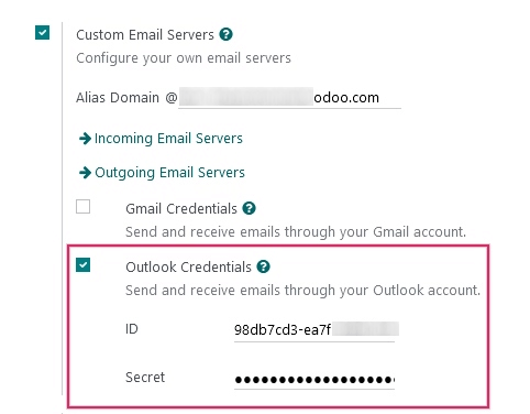 Outlook Credentials in Odoo General Settings.
