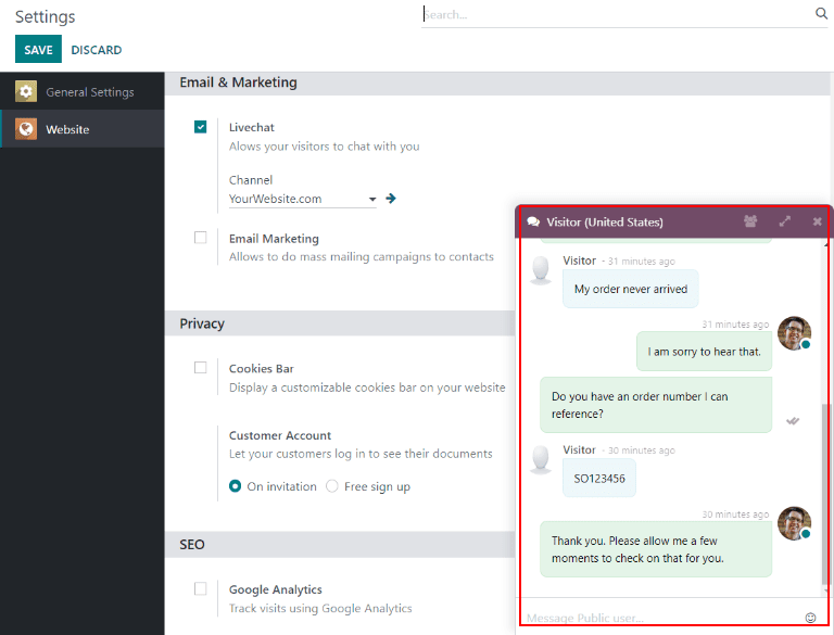 View of a live chat pop up window in an Odoo database.