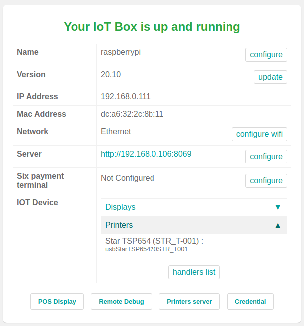The IoT box Home Page landing page.