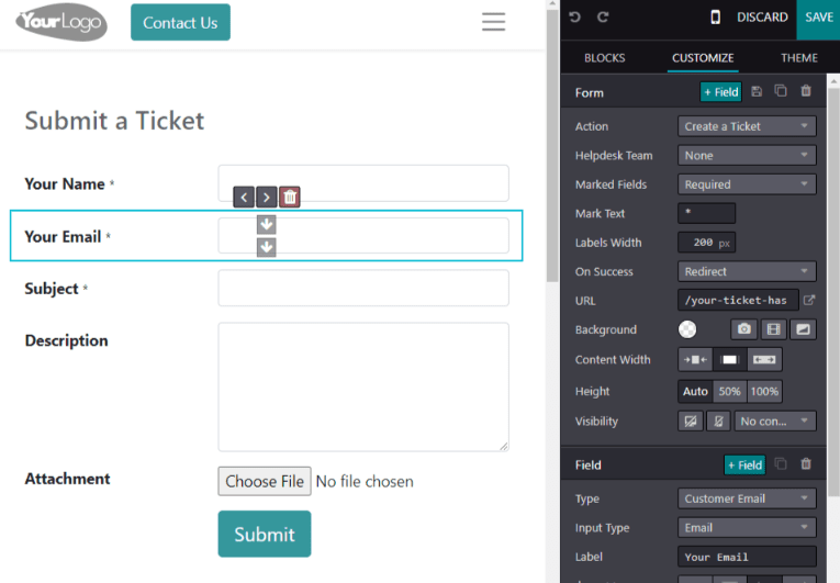 View of the unpublished website form to submit a ticket for Odoo Helpdesk.