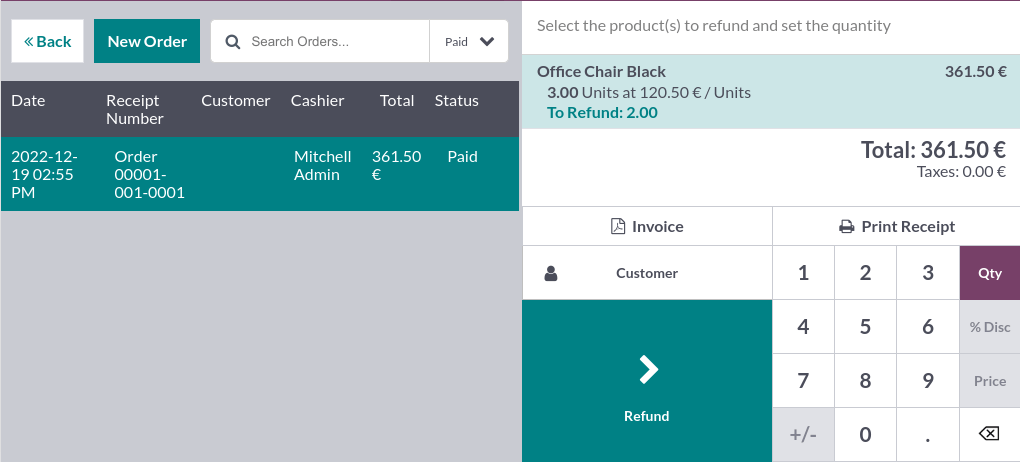 refund view from a POS
