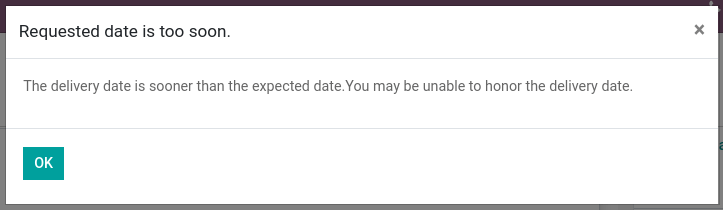 View of the error that occurs when trying to choose an earlier date than what calculated by Odoo