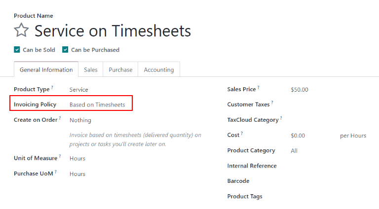 View of a service product with the invoicing policy set to 'Based on timesheets'.