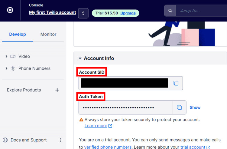 可在账户信息部分找到Twilio账户SID和身份验证令牌。