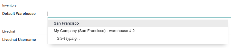 Selection of a default warehouse on a user profile.