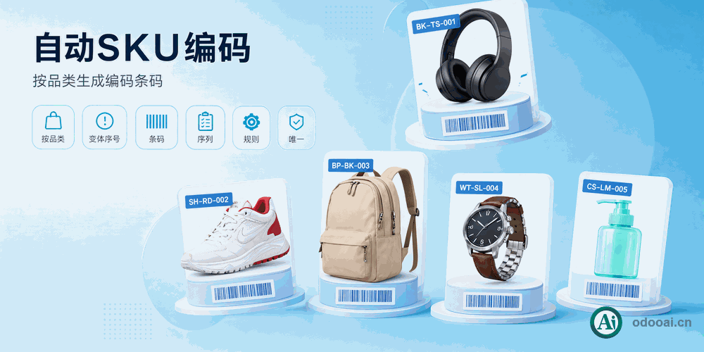 产品自动 SKU 代码、按类别划分的自动条形码、支持变体序号累加